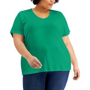 Karen Scott Plus Size V-neck Solid Cotton Tee, Green Verde, 1X